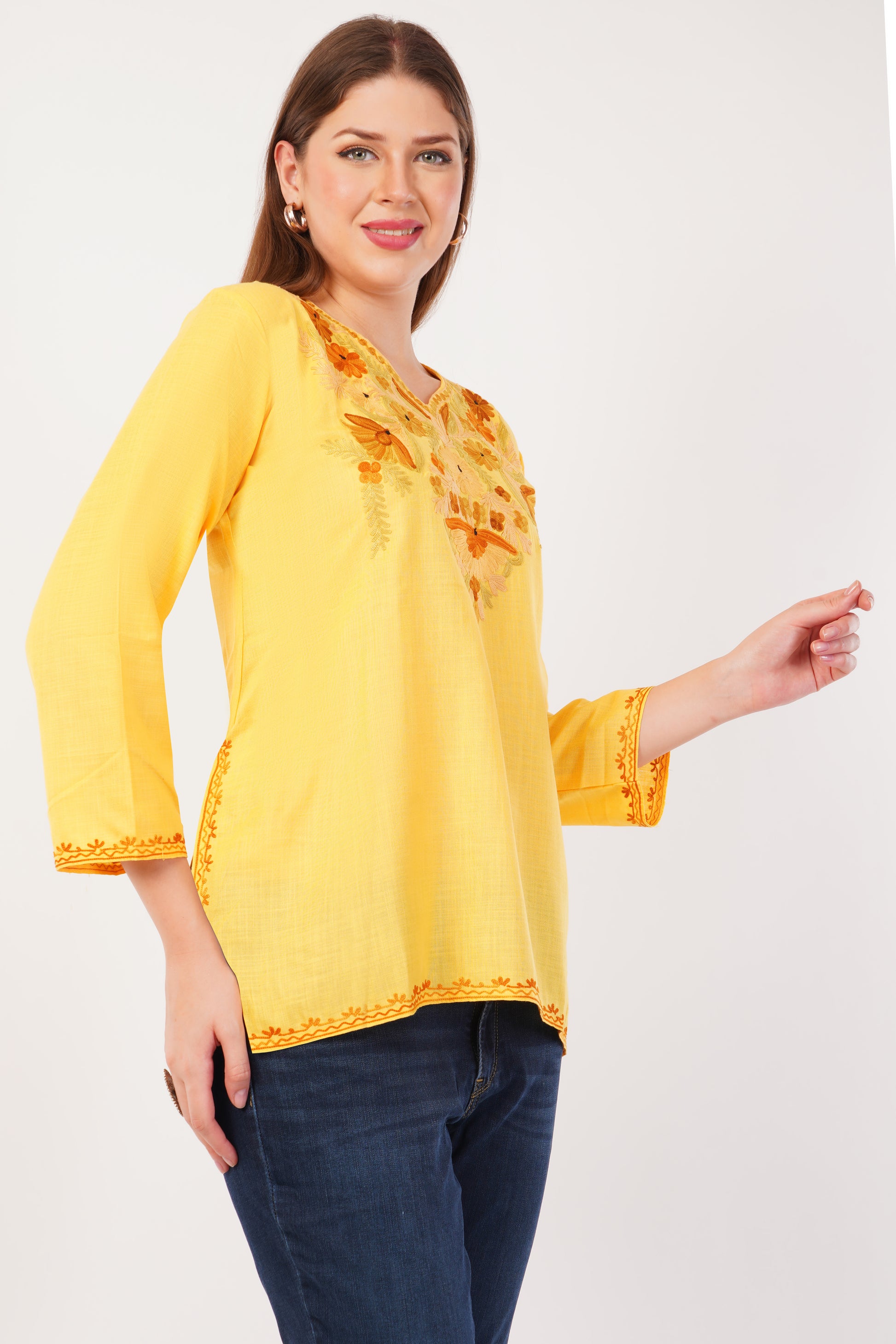 Kashmiri Aari embroidery Cotton Short Kurti Size-42(Yellow)