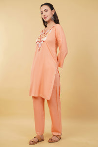 Kashmiri Aari embroidery Cotton Co-ord set Size-36 (Peach)