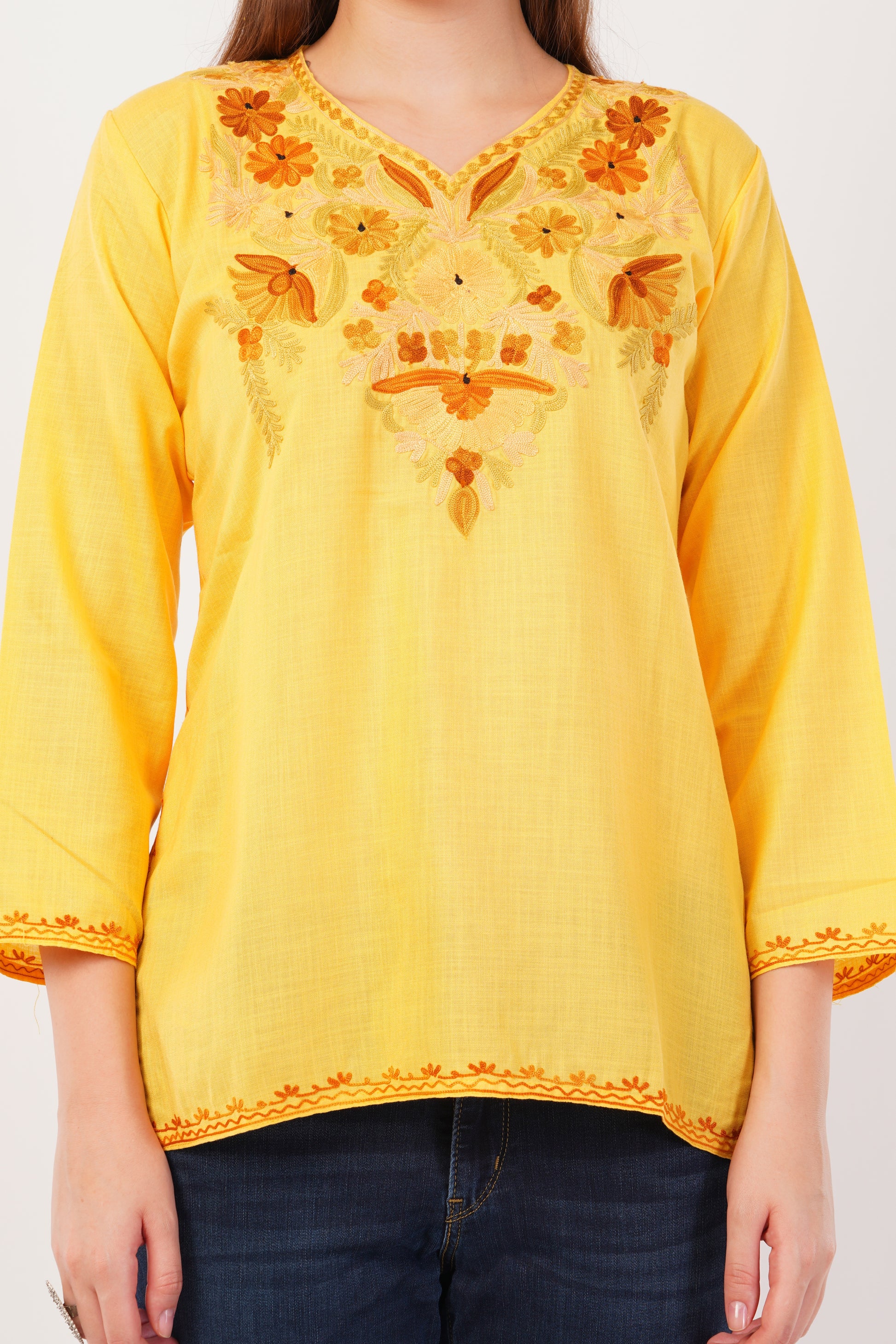 Kashmiri Aari embroidery Cotton Short Kurti Size-42(Yellow)