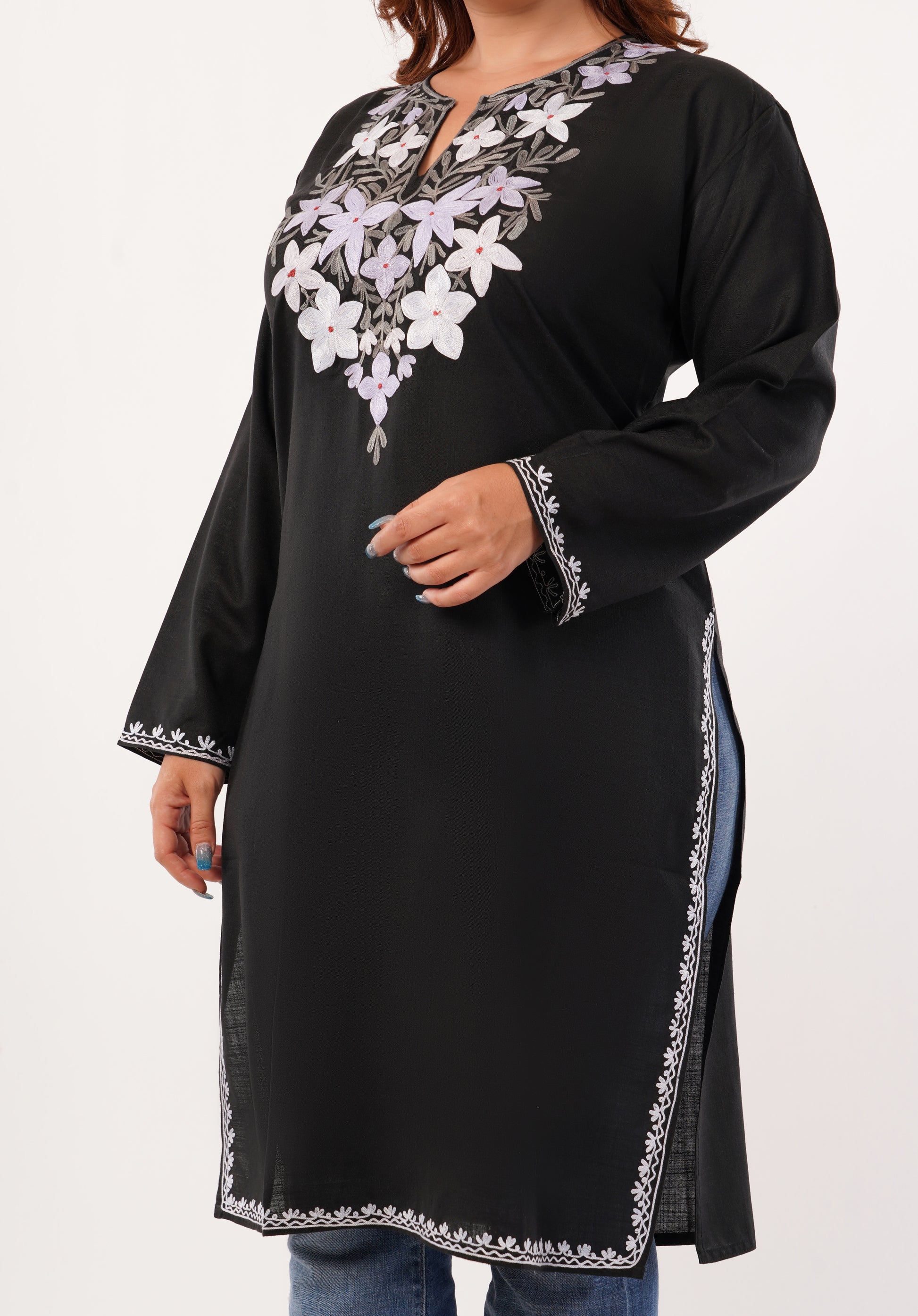 Kashmiri Aari embroidery Cotton Long Kurti Size-46(Black)