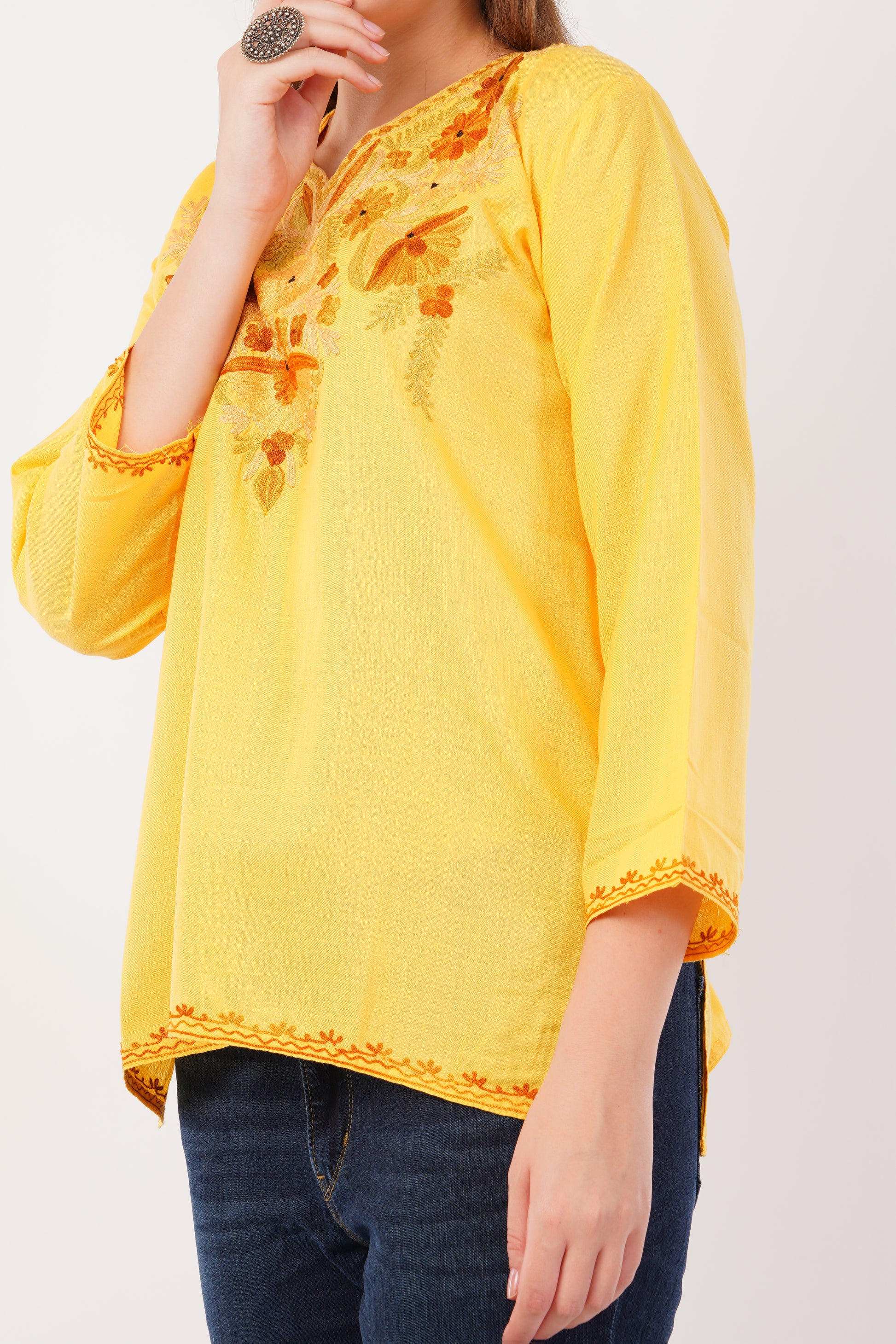 Kashmiri Aari embroidery Cotton Short Kurti Size-42(Yellow)