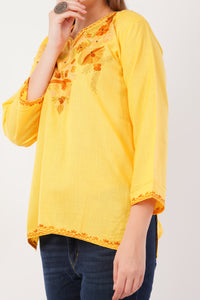 Kashmiri Aari embroidery Cotton Short Kurti Size-42(Yellow)