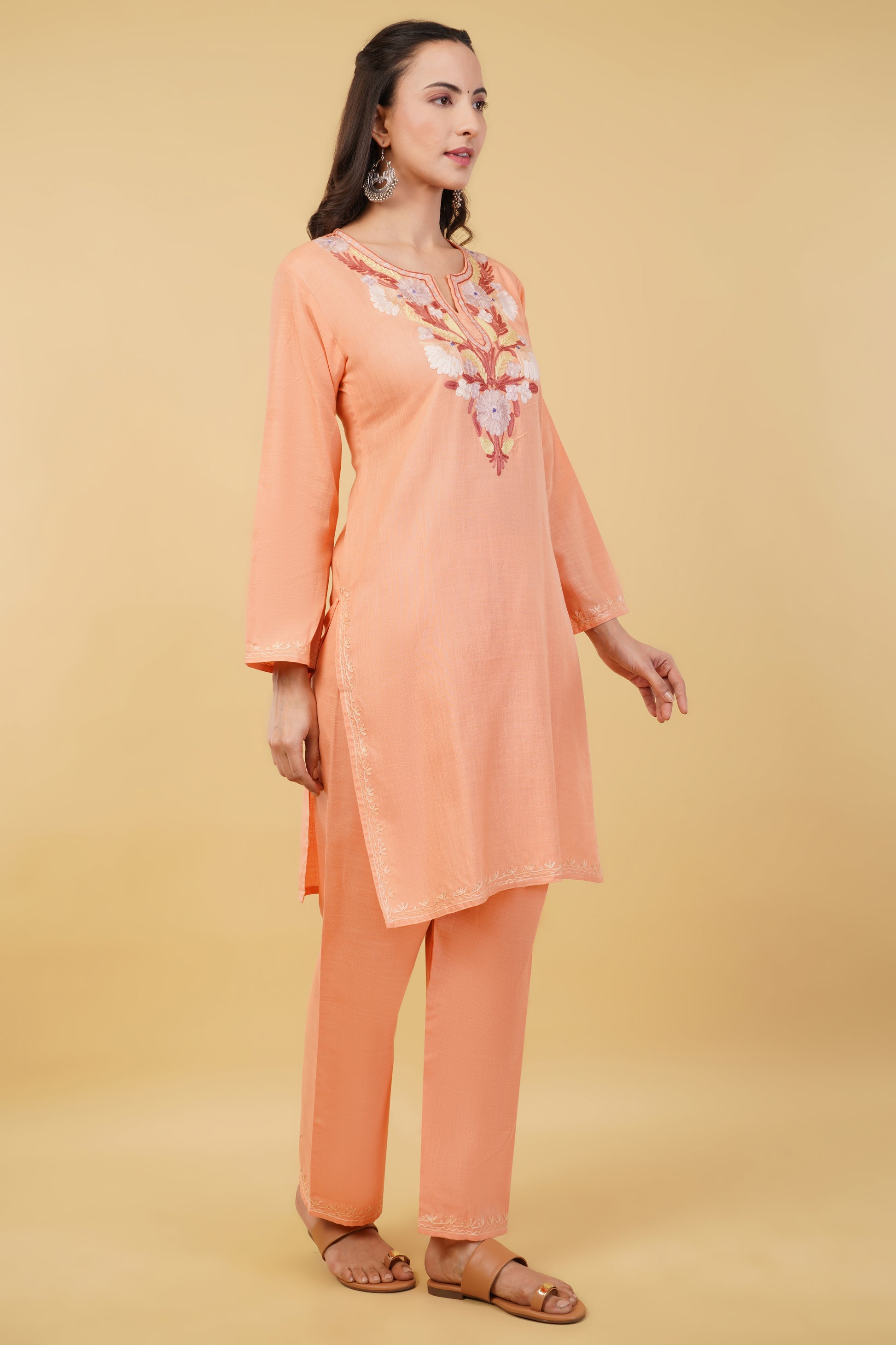 Kashmiri Aari embroidery Cotton Co-ord set Size-36 (Peach)
