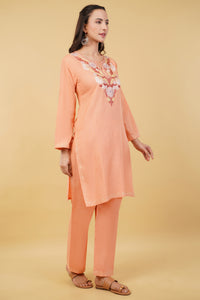 Kashmiri Aari embroidery Cotton Co-ord set Size-36 (Peach)