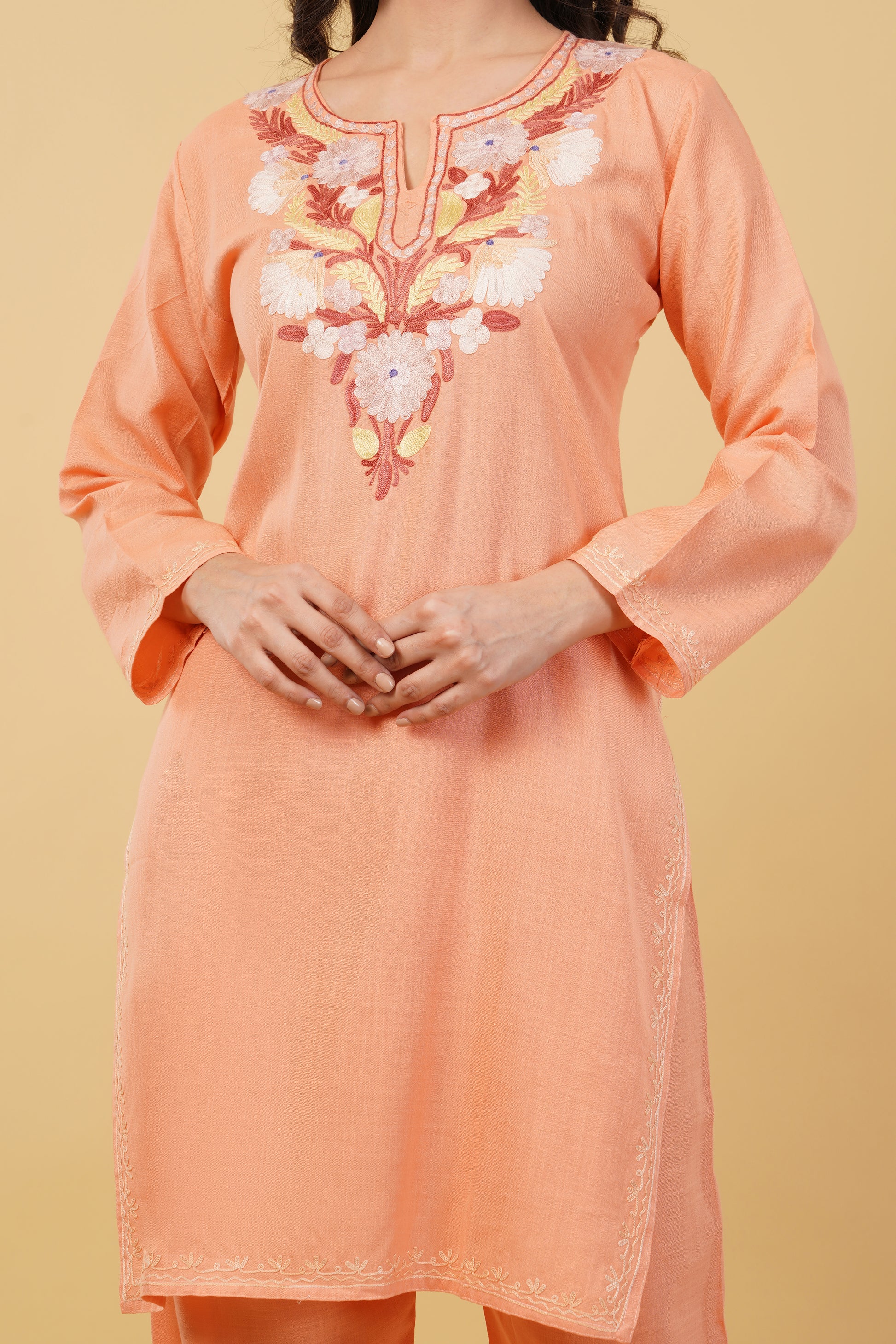 Kashmiri Aari embroidery Cotton Co-ord set Size-36 (Peach)