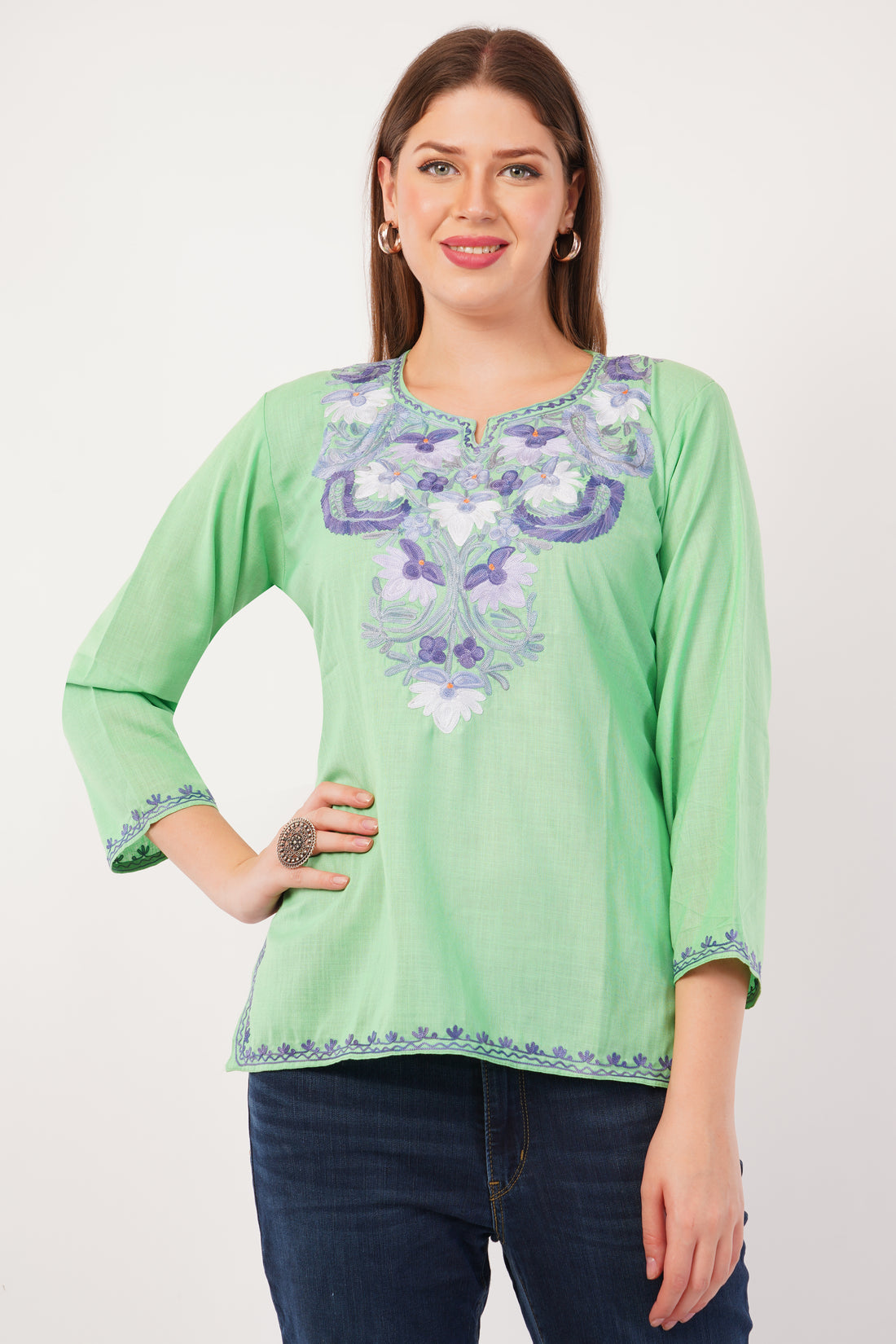Kashmiri Aari embroidery Cotton Short Kurti Size-42(Green)