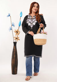Kashmiri Aari embroidery Cotton Long Kurti Size-46(Black)