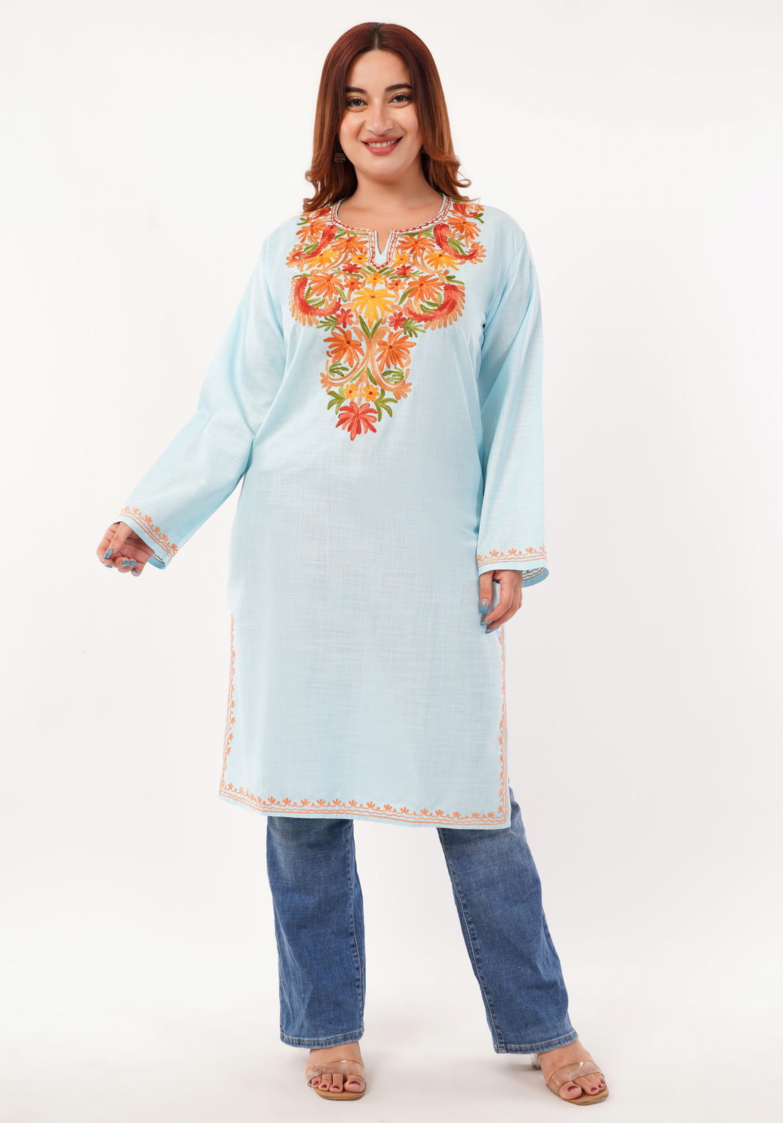 Kashmiri Aari embroidery Cotton Long Kurti Size-46(Sky Blue)