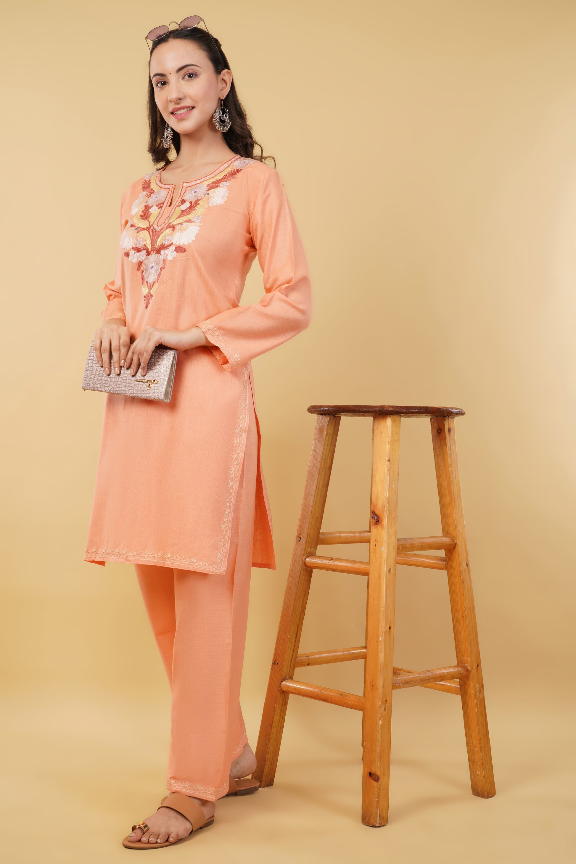 Kashmiri Aari embroidery Cotton Co-ord set Size-36 (Peach)