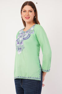 Kashmiri Aari embroidery Cotton Short Kurti Size-42(Green)