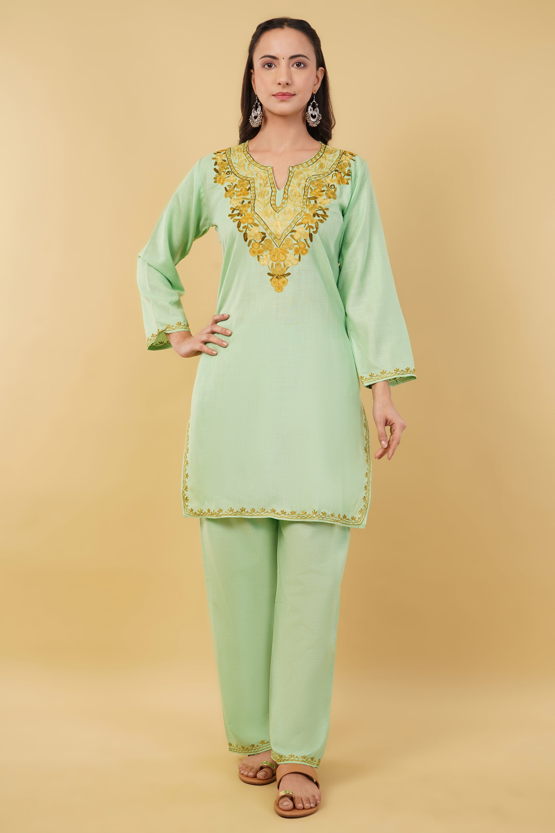 Kashmiri Aari embroidery Cotton Co-ord set Size-36 (Green)