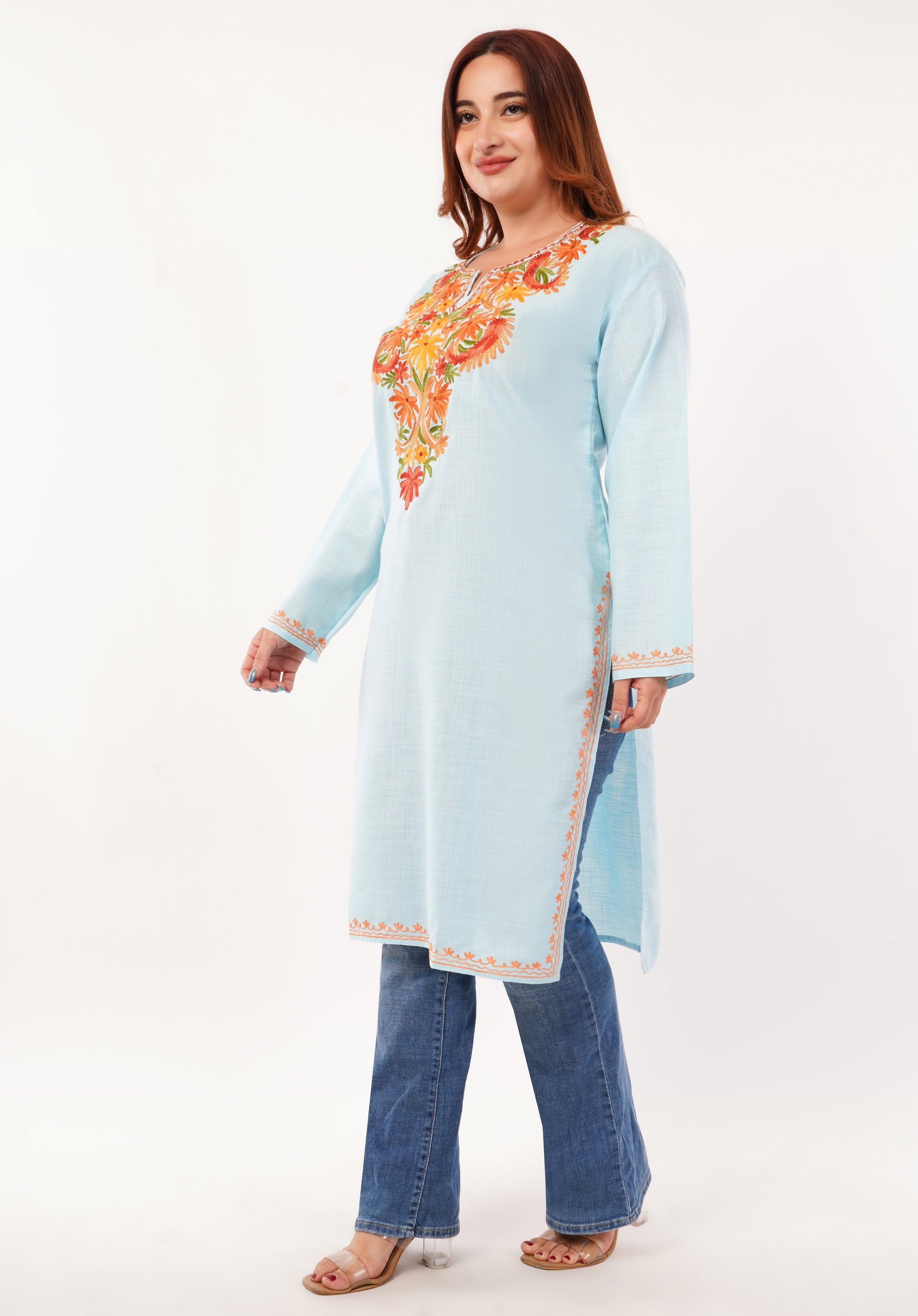 Kashmiri Aari embroidery Cotton Long Kurti Size-46(Sky Blue)