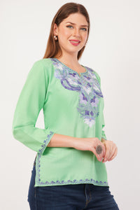 Kashmiri Aari embroidery Cotton Short Kurti Size-42(Green)