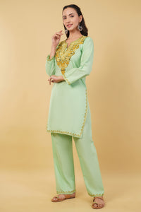 Kashmiri Aari embroidery Cotton Co-ord set Size-36 (Green)