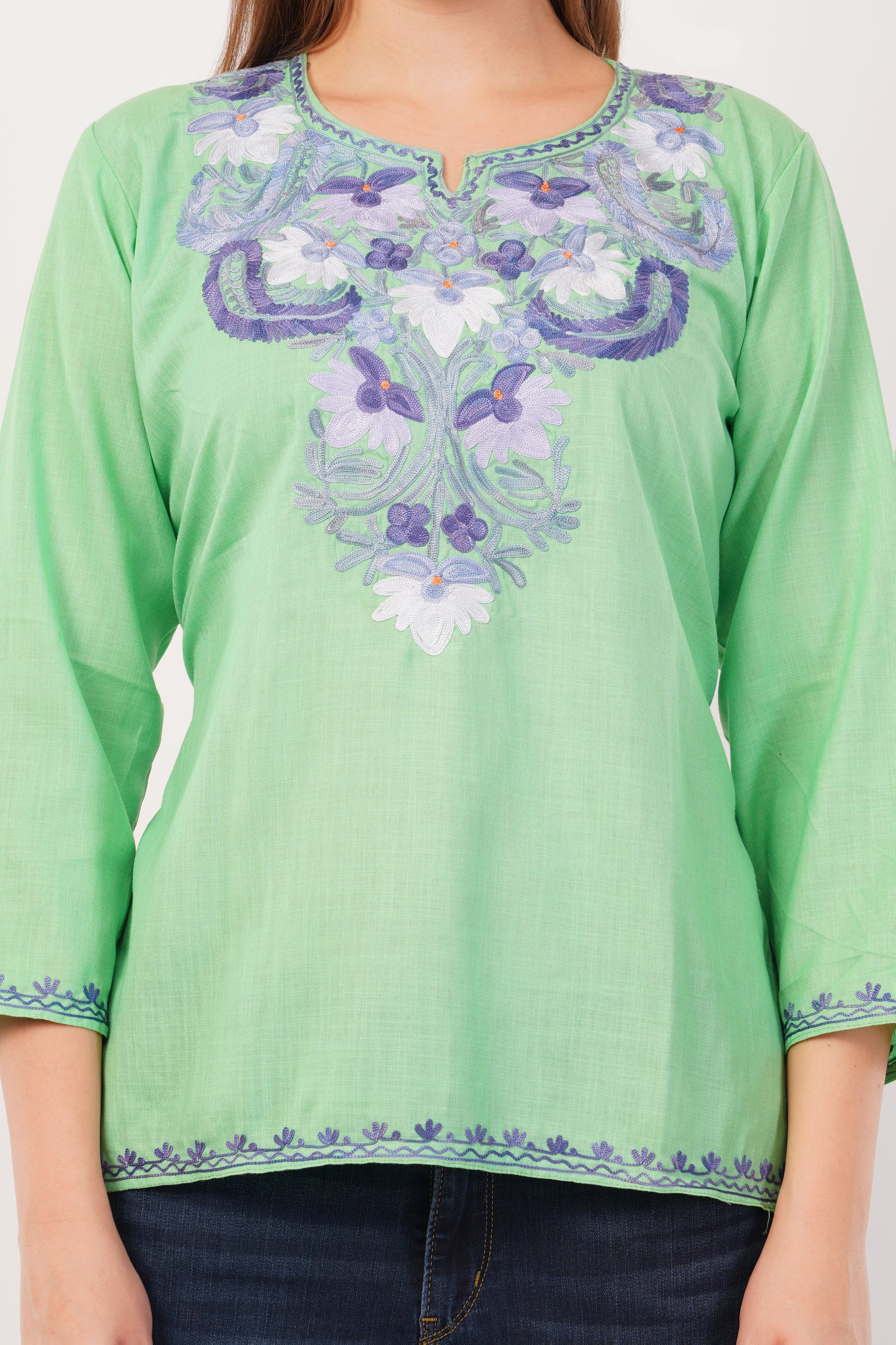 Kashmiri Aari embroidery Cotton Short Kurti Size-42(Green)