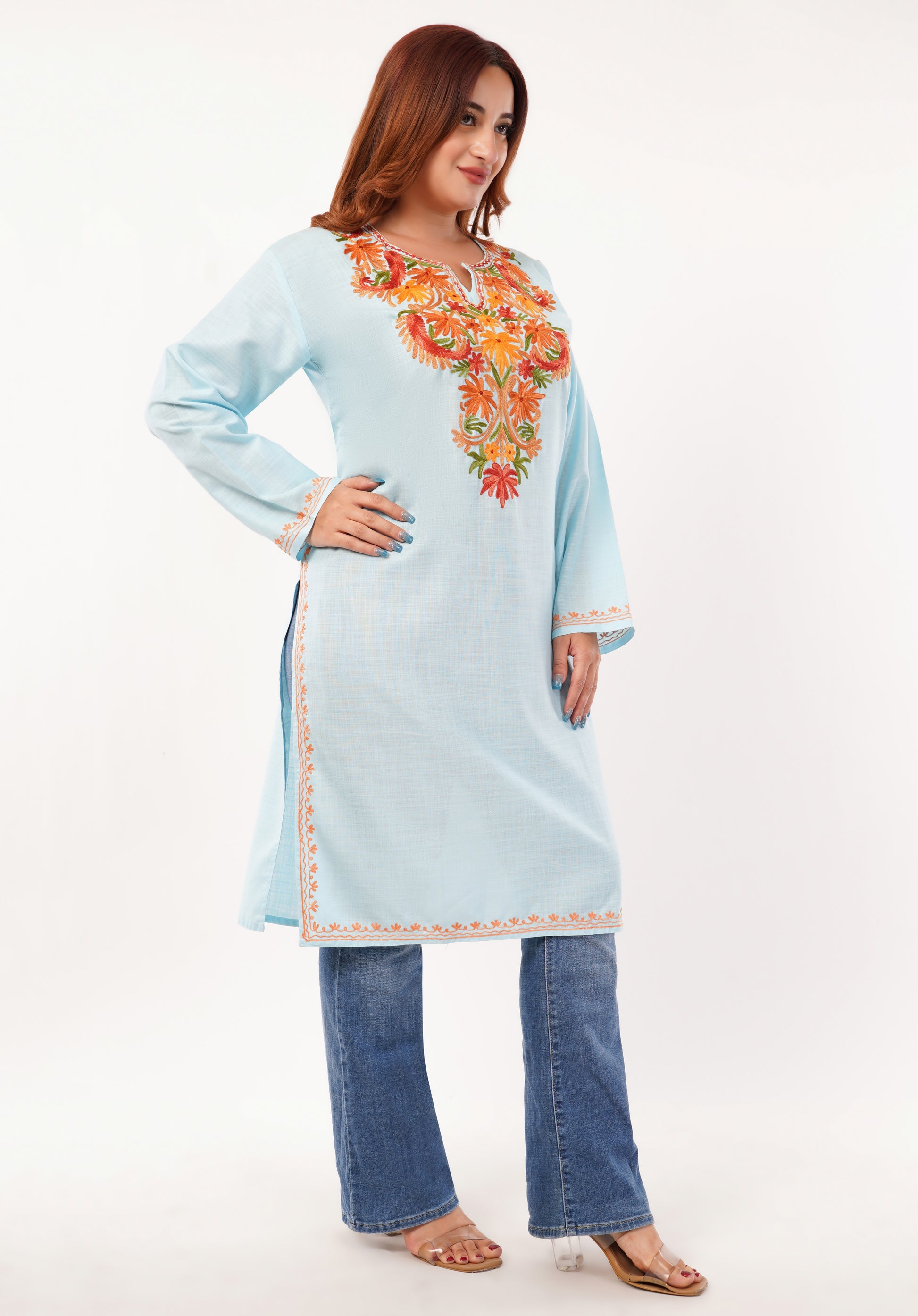Kashmiri Aari embroidery Cotton Long Kurti Size-46(Sky Blue)