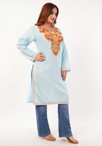 Kashmiri Aari embroidery Cotton Long Kurti Size-46(Sky Blue)