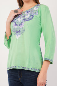 Kashmiri Aari embroidery Cotton Short Kurti Size-42(Green)