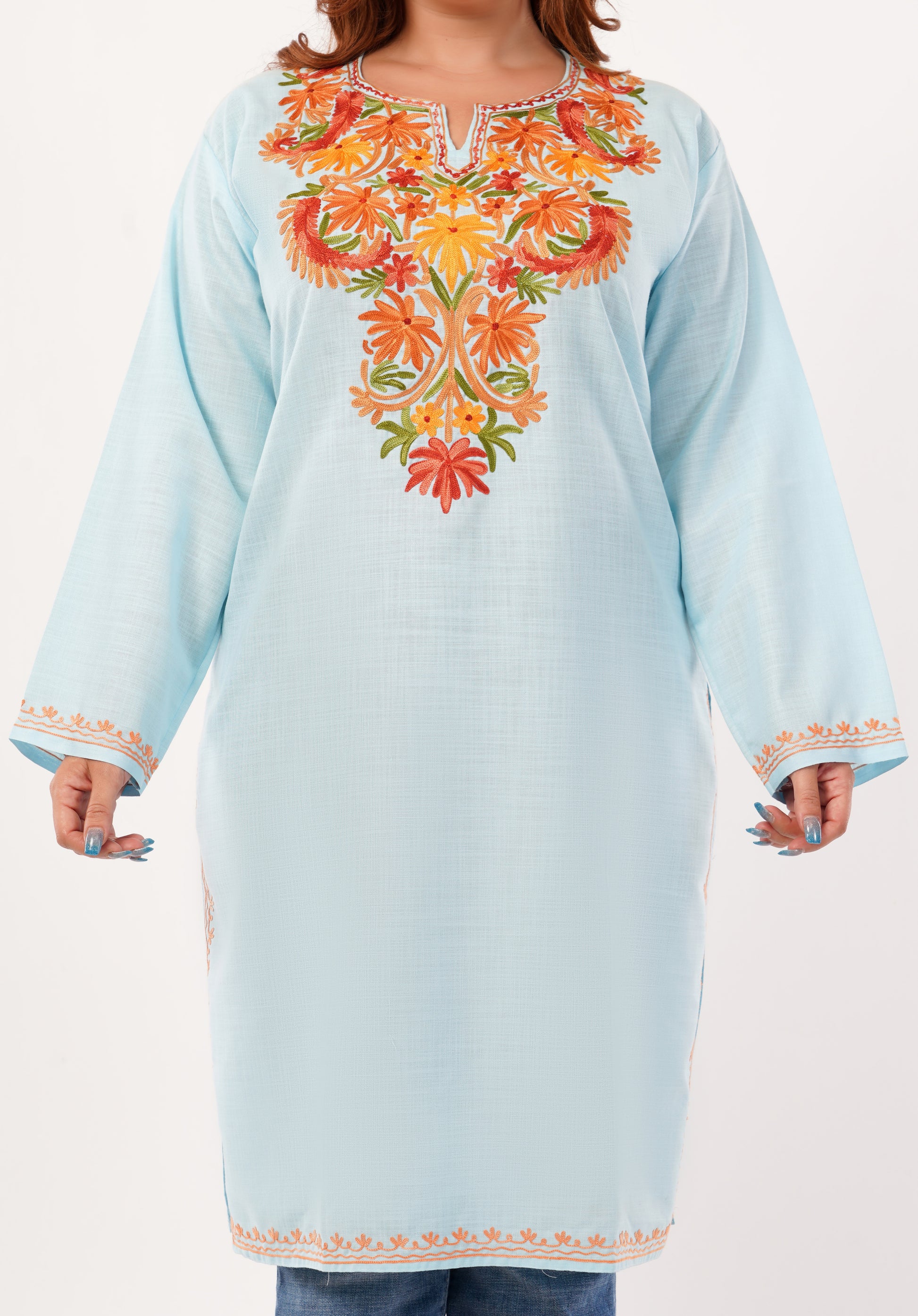 Kashmiri Aari embroidery Cotton Long Kurti Size-46(Sky Blue)