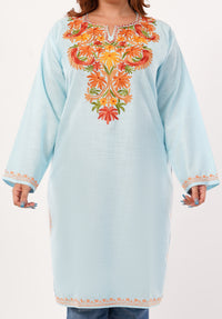 Kashmiri Aari embroidery Cotton Long Kurti Size-46(Sky Blue)