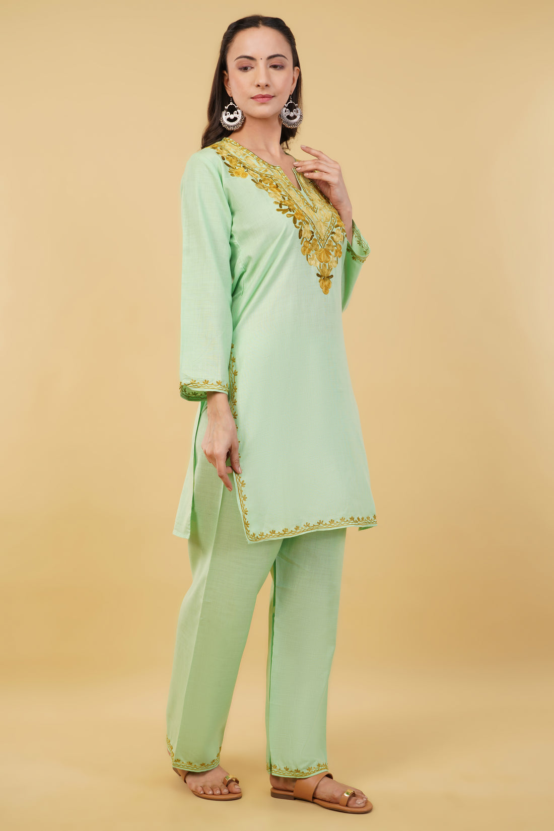 Kashmiri Aari embroidery Cotton Co-ord set Size-36 (Green)