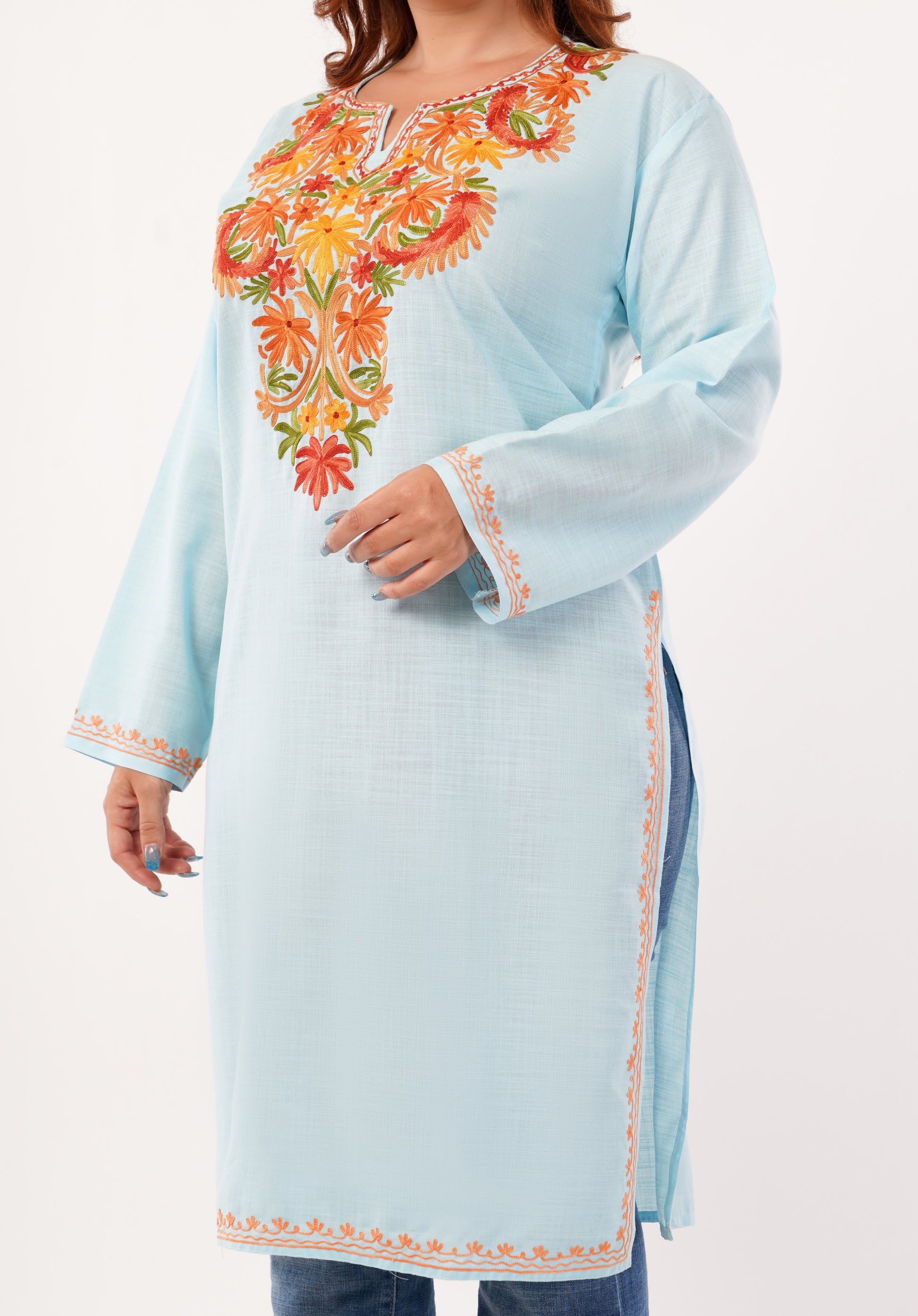Kashmiri Aari embroidery Cotton Long Kurti Size-46(Sky Blue)