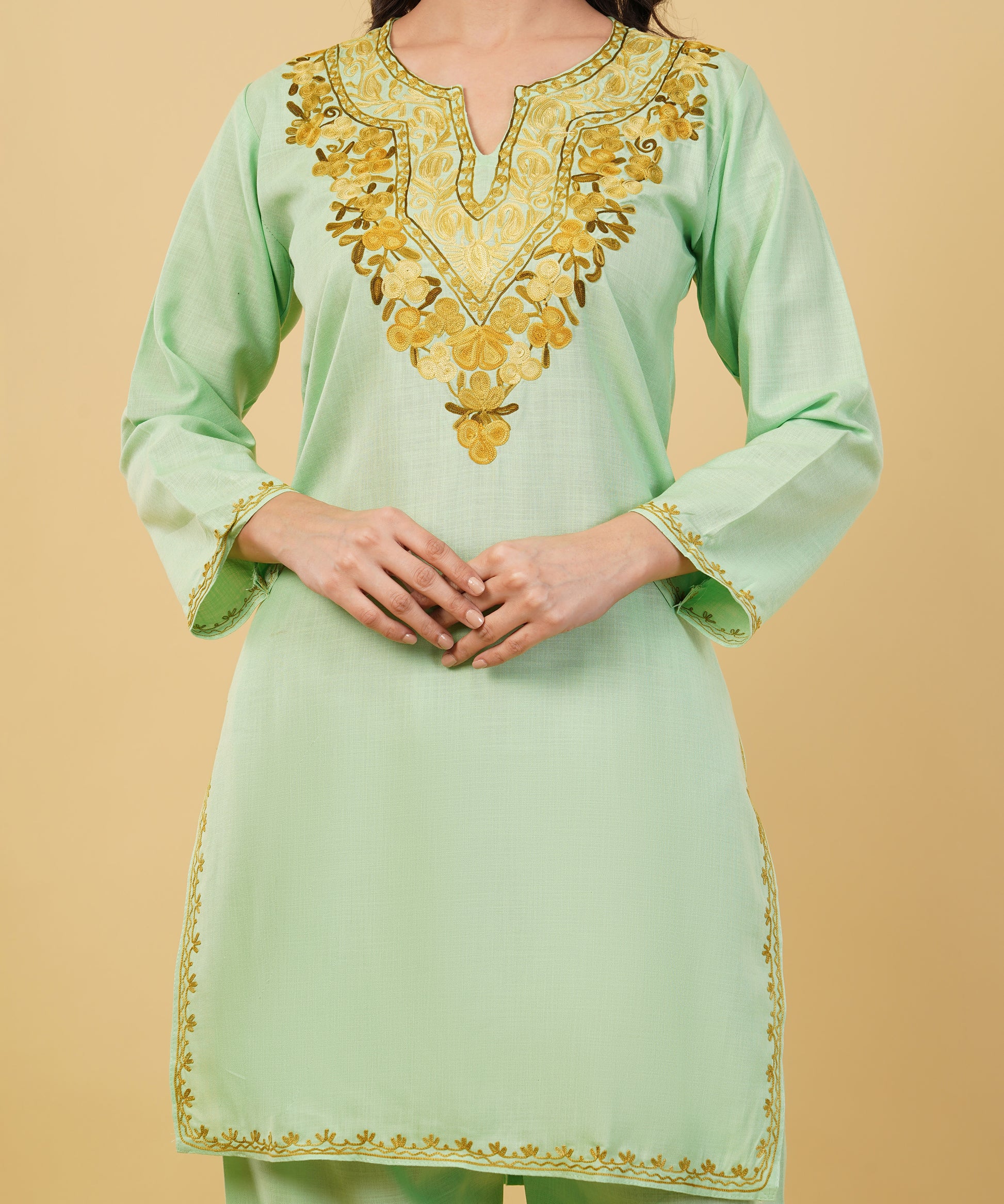 Kashmiri Aari embroidery Cotton Co-ord set Size-36 (Green)