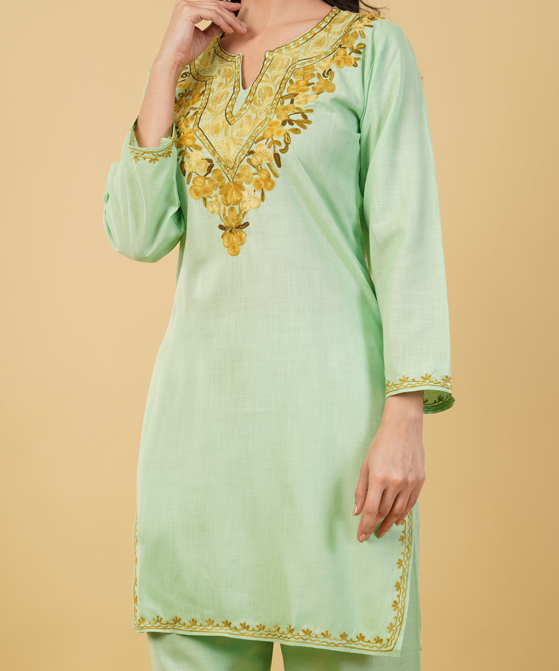 Kashmiri Aari embroidery Cotton Co-ord set Size-36 (Green)