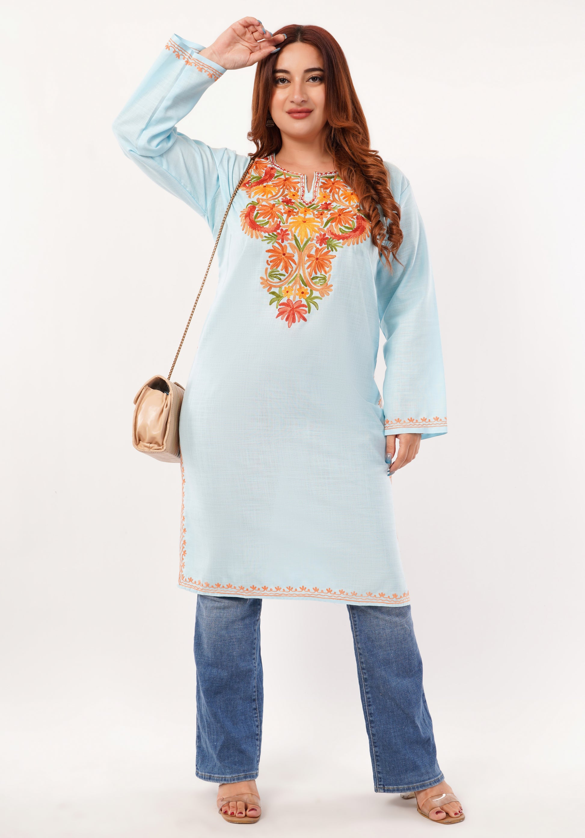 Kashmiri Aari embroidery Cotton Long Kurti Size-46(Sky Blue)