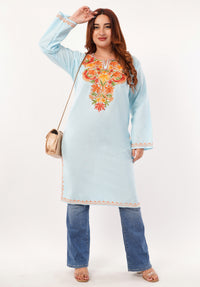 Kashmiri Aari embroidery Cotton Long Kurti Size-46(Sky Blue)