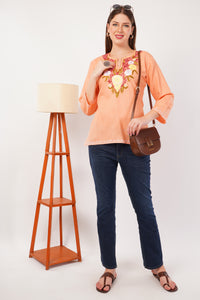 Kashmiri Aari embroidery Cotton Short Kurti Size-42(Peach)