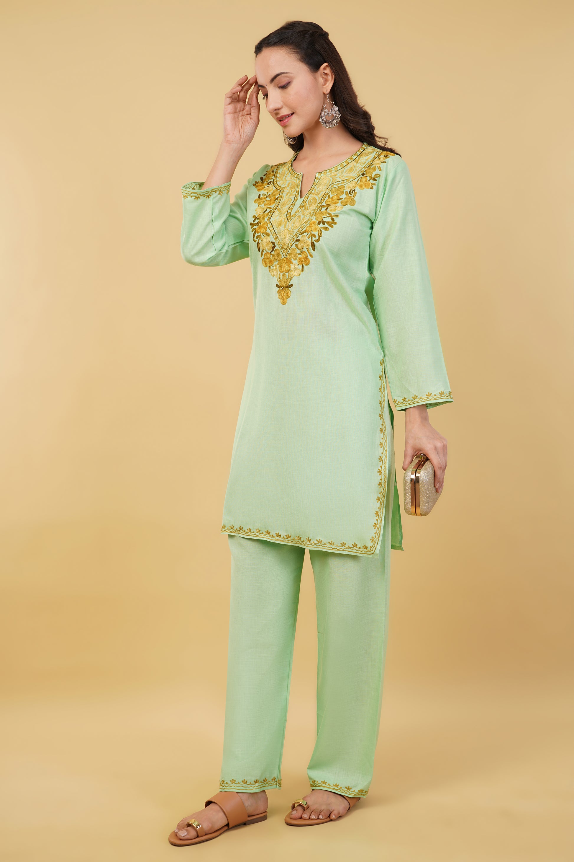 Kashmiri Aari embroidery Cotton Co-ord set Size-36 (Green)