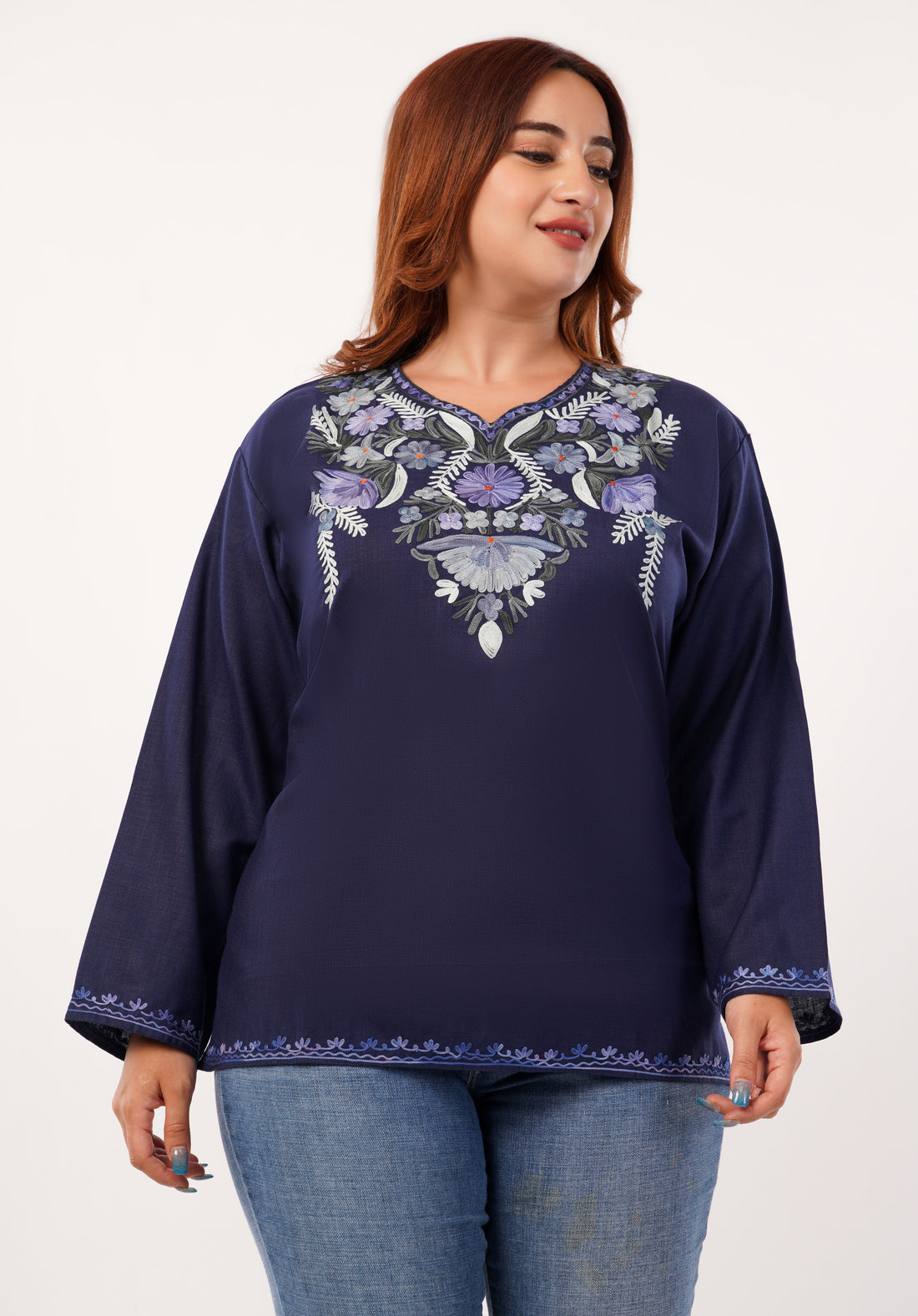 Kashmiri Aari embroidery Cotton Short Kurti Size-46 (Navy Blue)