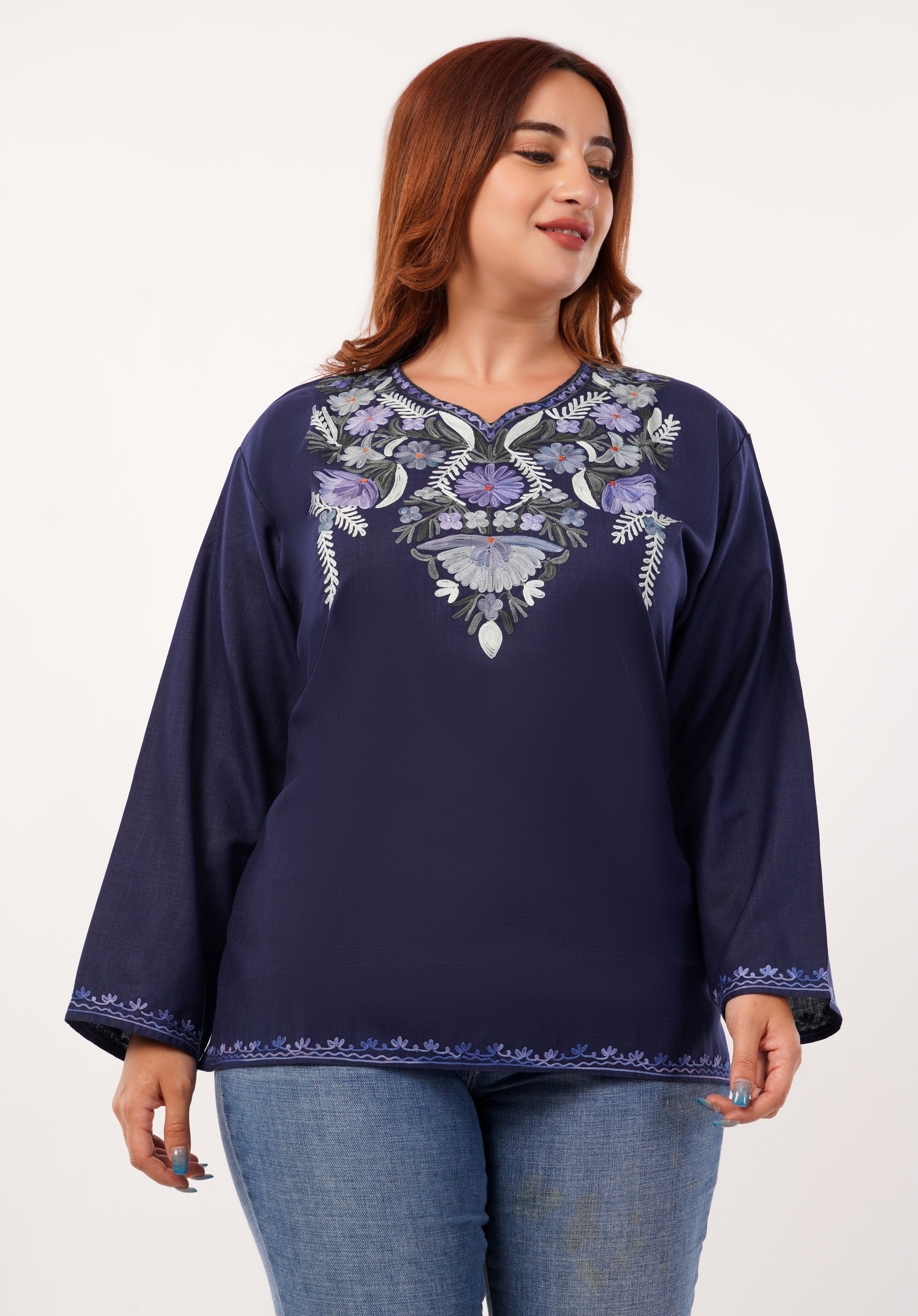 Kashmiri Aari embroidery Cotton Short Kurti Size-46 (Navy Blue)