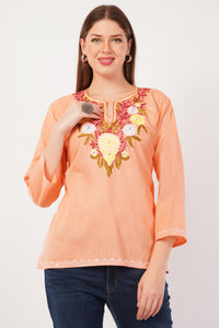 Kashmiri Aari embroidery Cotton Short Kurti Size-42(Peach)