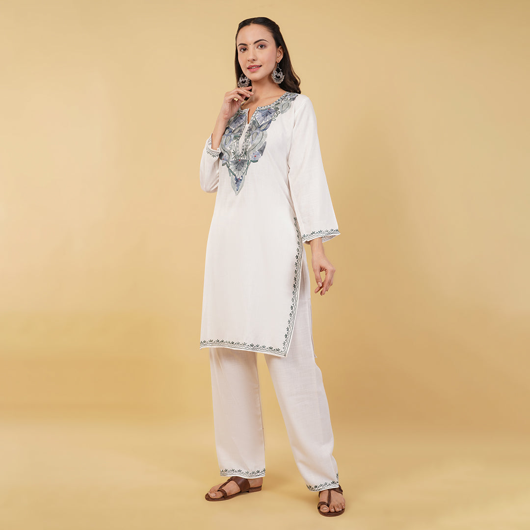 Kashmiri Aari embroidery Cotton Co-ord set Size-36 (White)