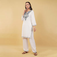 Kashmiri Aari embroidery Cotton Co-ord set Size-36 (White)