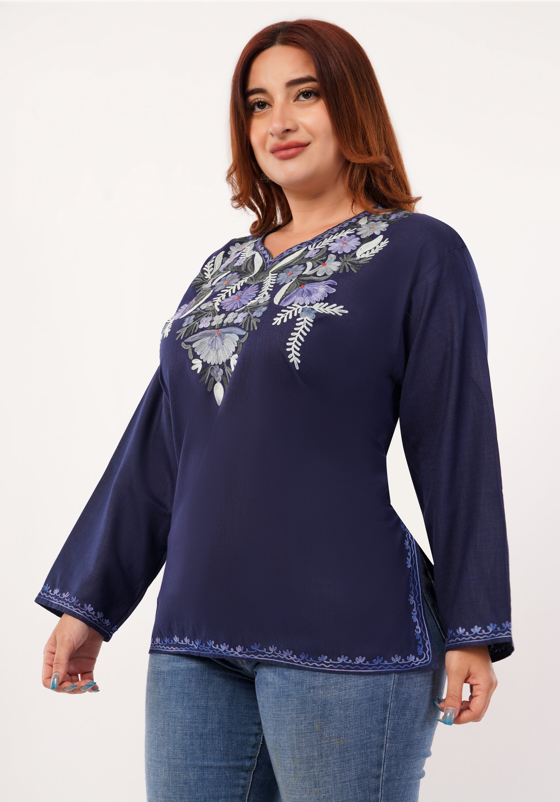 Kashmiri Aari embroidery Cotton Short Kurti Size-46 (Navy Blue)