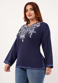 Kashmiri Aari embroidery Cotton Short Kurti Size-46 (Navy Blue)