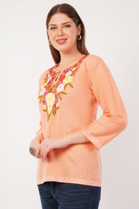 Kashmiri Aari embroidery Cotton Short Kurti Size-42(Peach)