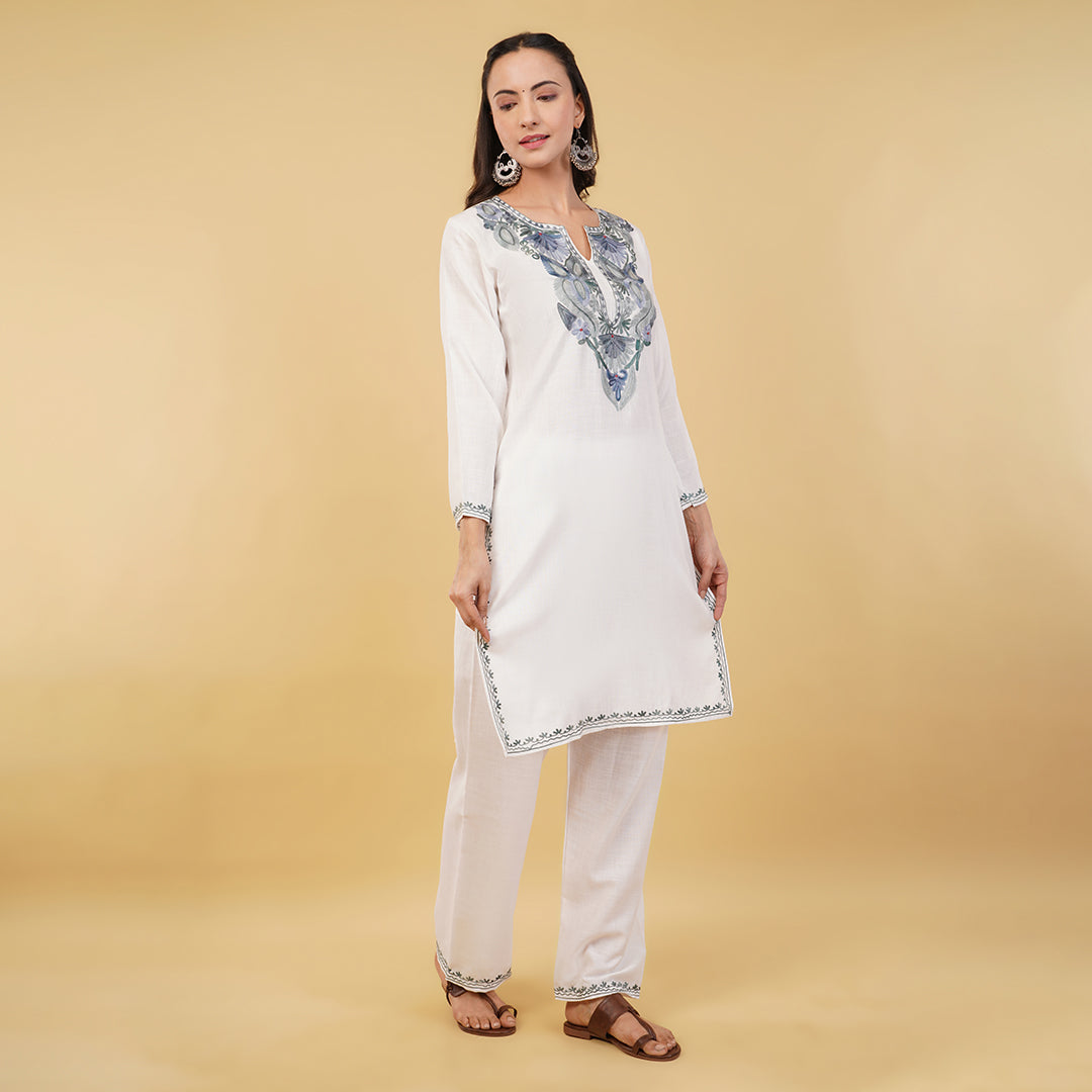 Kashmiri Aari embroidery Cotton Co-ord set Size-36 (White)