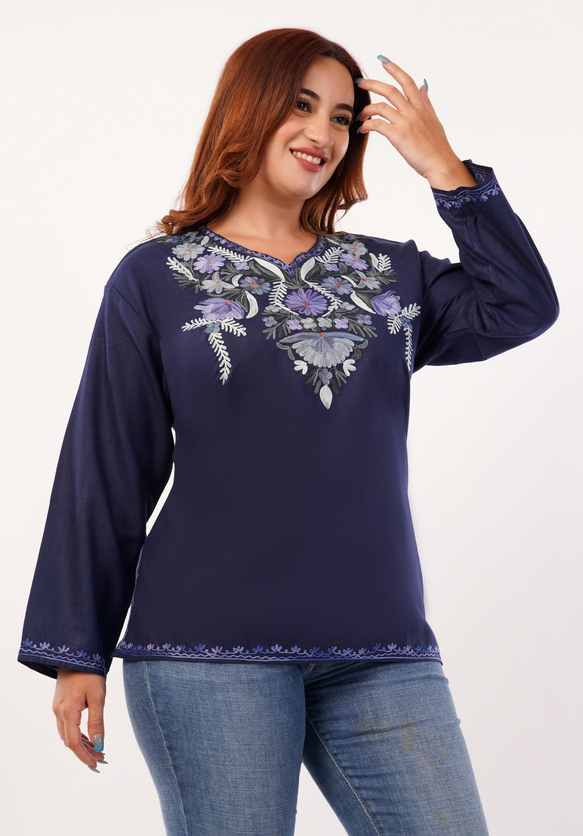 Kashmiri Aari embroidery Cotton Short Kurti Size-46 (Navy Blue)