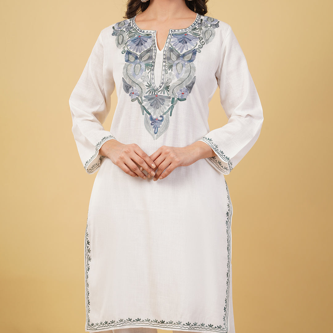 Kashmiri Aari embroidery Cotton Co-ord set Size-36 (White)