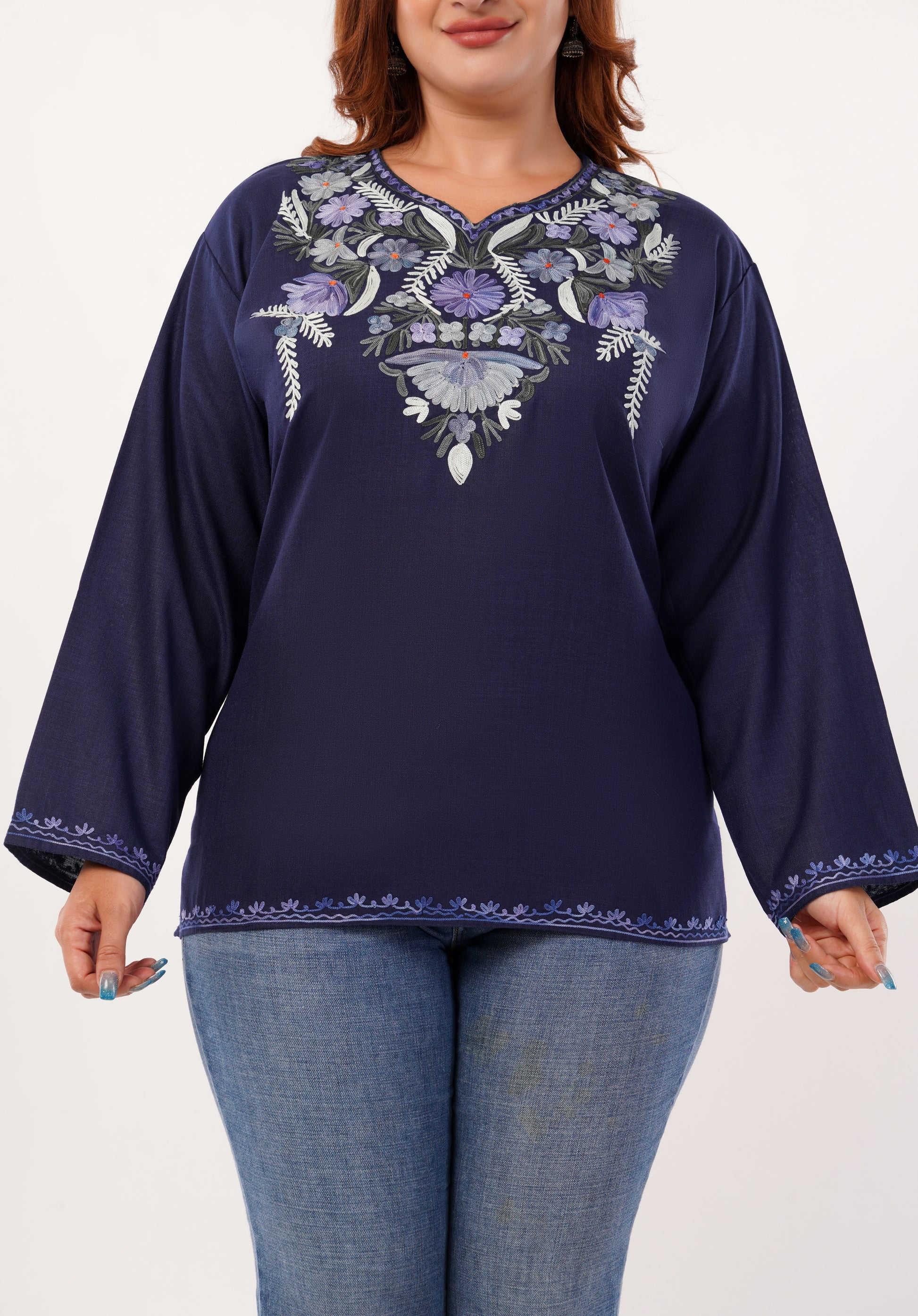 Kashmiri Aari embroidery Cotton Short Kurti Size-46 (Navy Blue)
