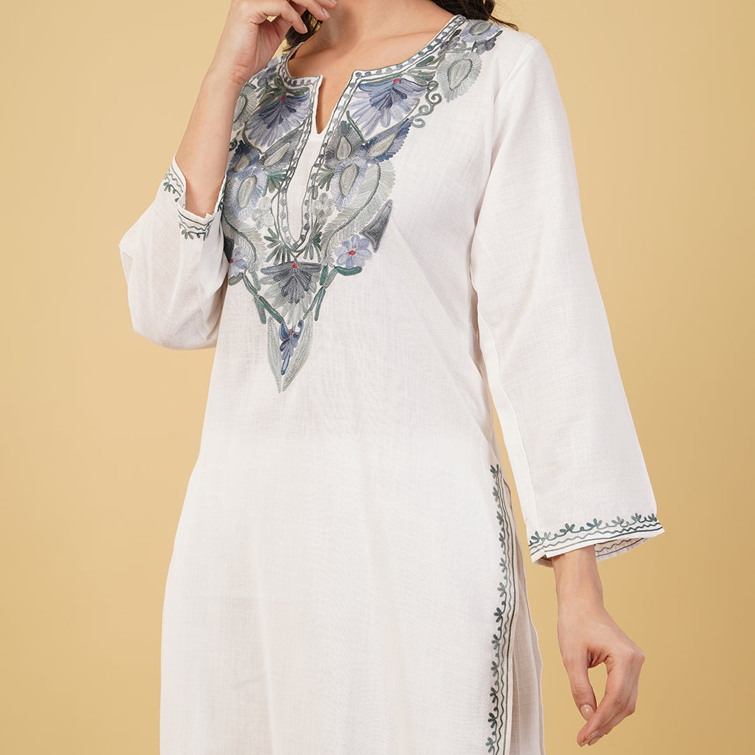 Kashmiri Aari embroidery Cotton Co-ord set Size-36 (White)