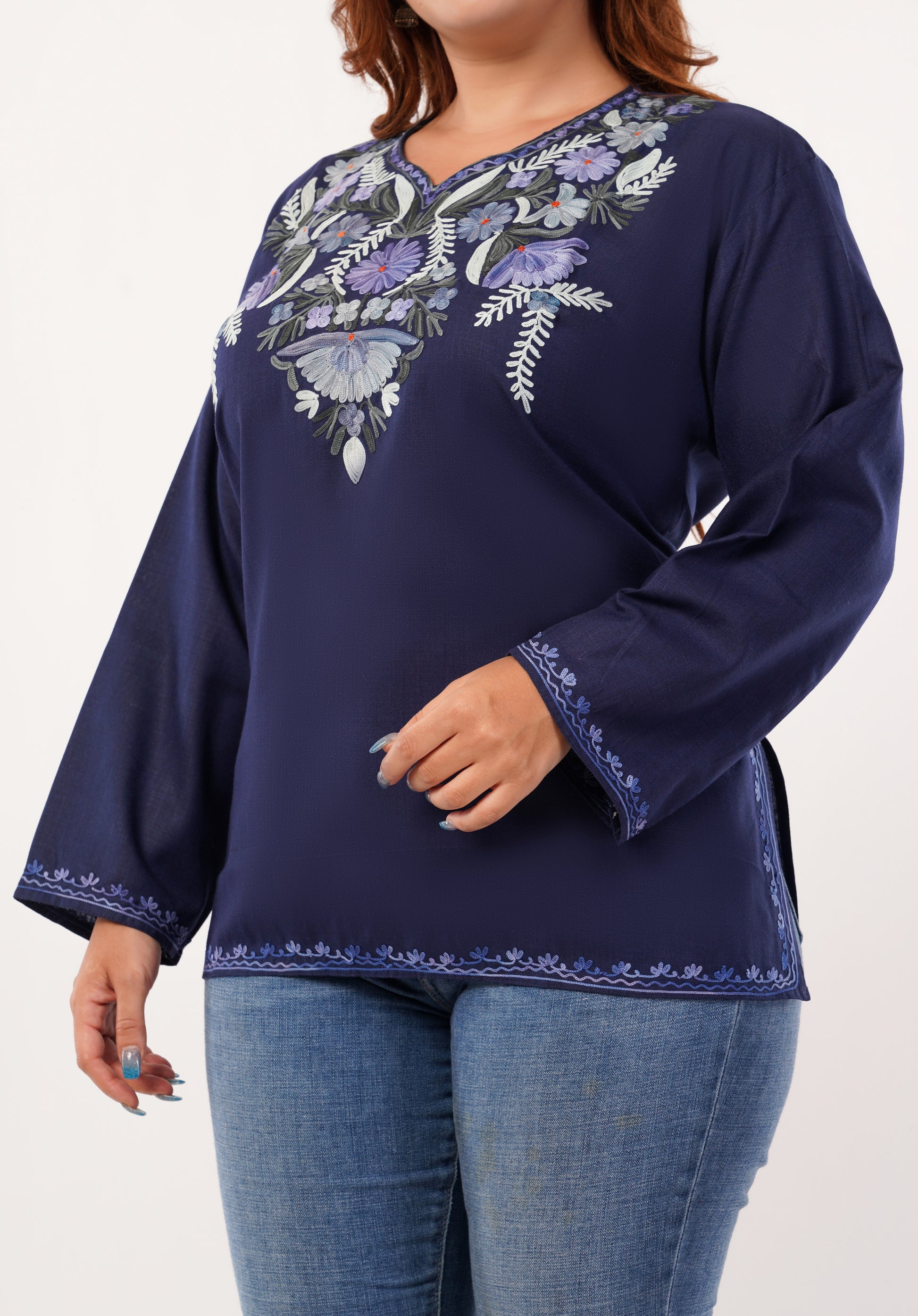 Kashmiri Aari embroidery Cotton Short Kurti Size-46 (Navy Blue)
