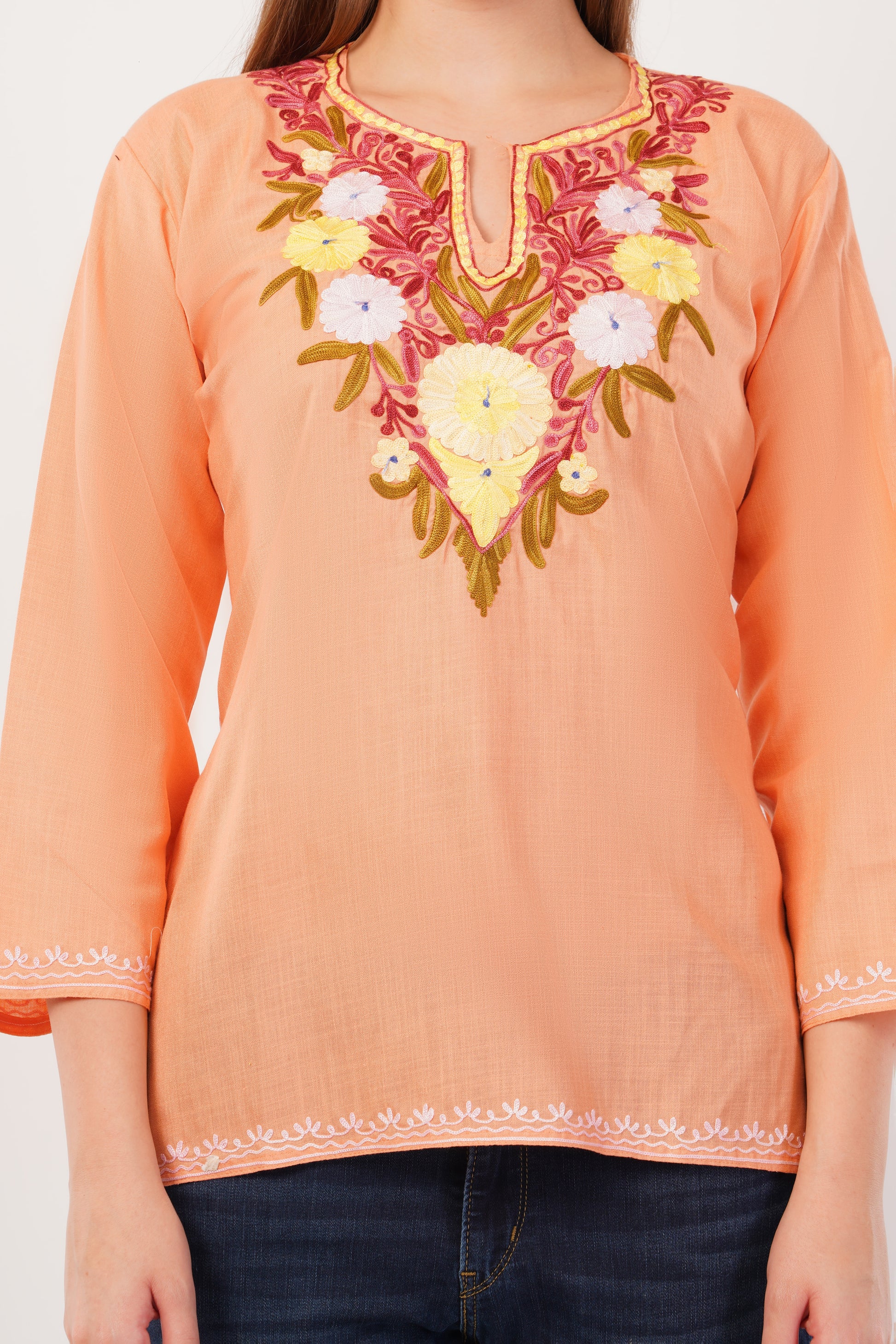 Kashmiri Aari embroidery Cotton Short Kurti Size-42(Peach)