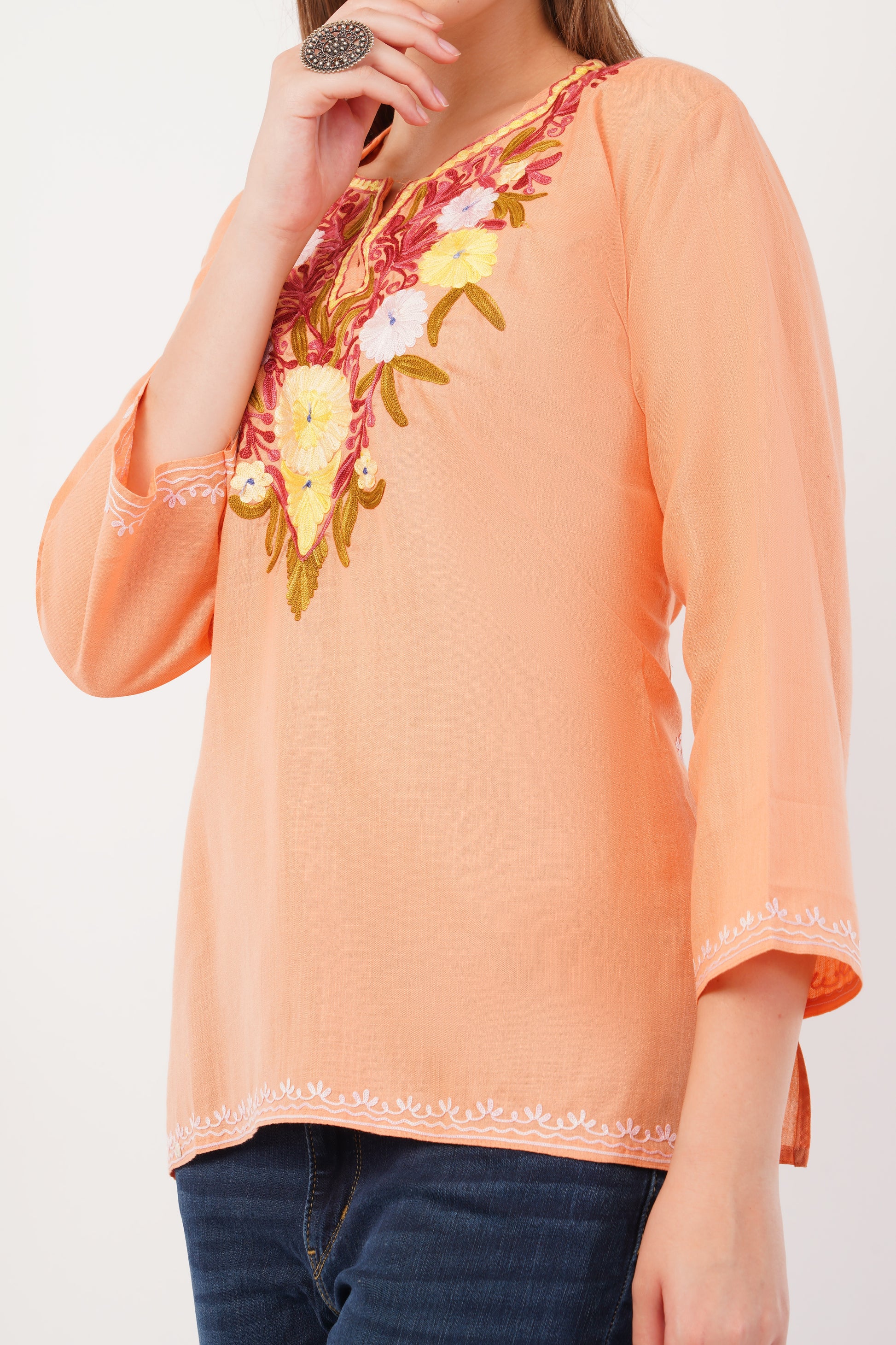 Kashmiri Aari embroidery Cotton Short Kurti Size-42(Peach)