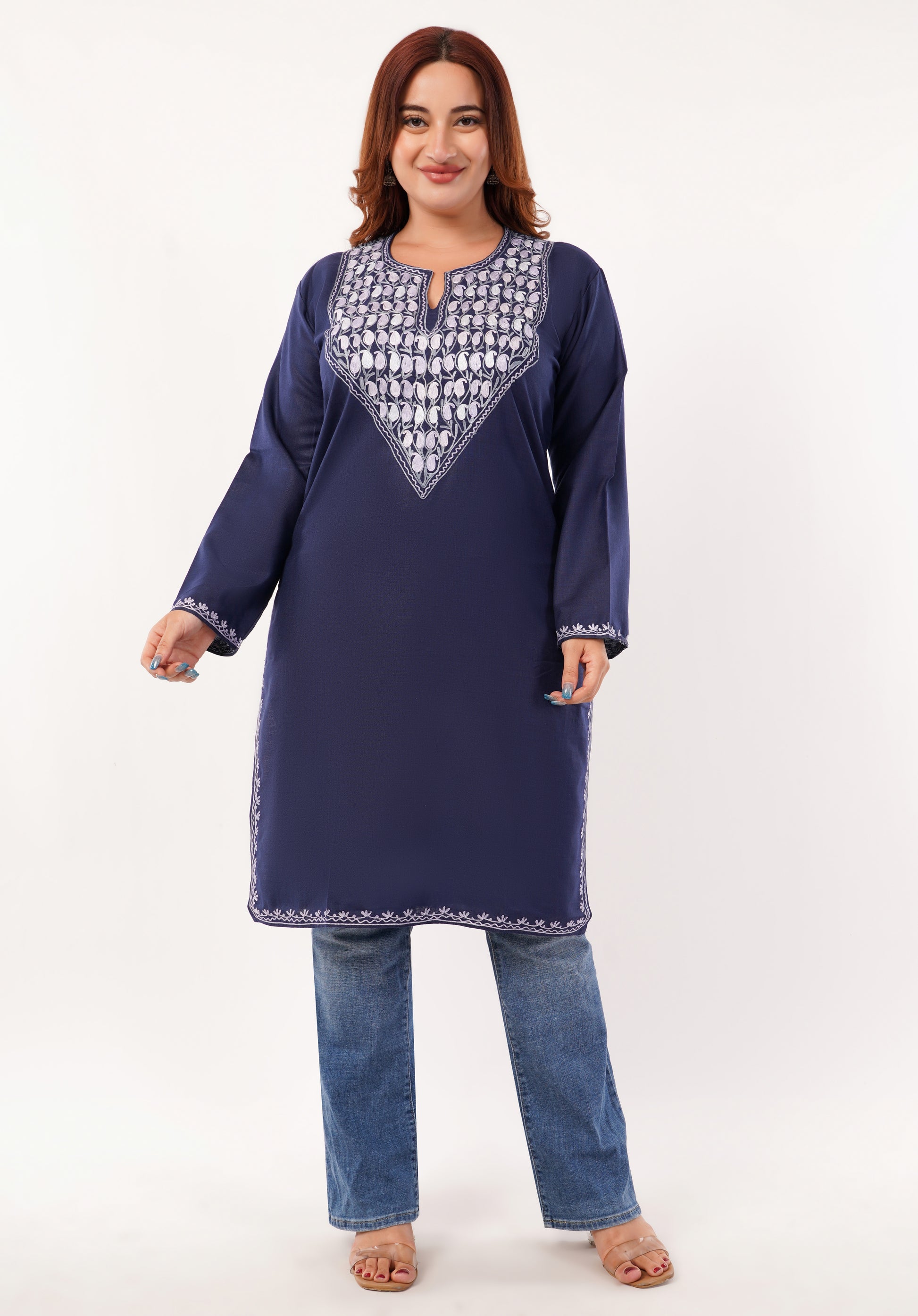 Kashmiri Aari embroidery Cotton Long Kurti Size-46(Navy Blue)