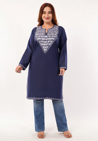 Kashmiri Aari embroidery Cotton Long Kurti Size-46(Navy Blue)